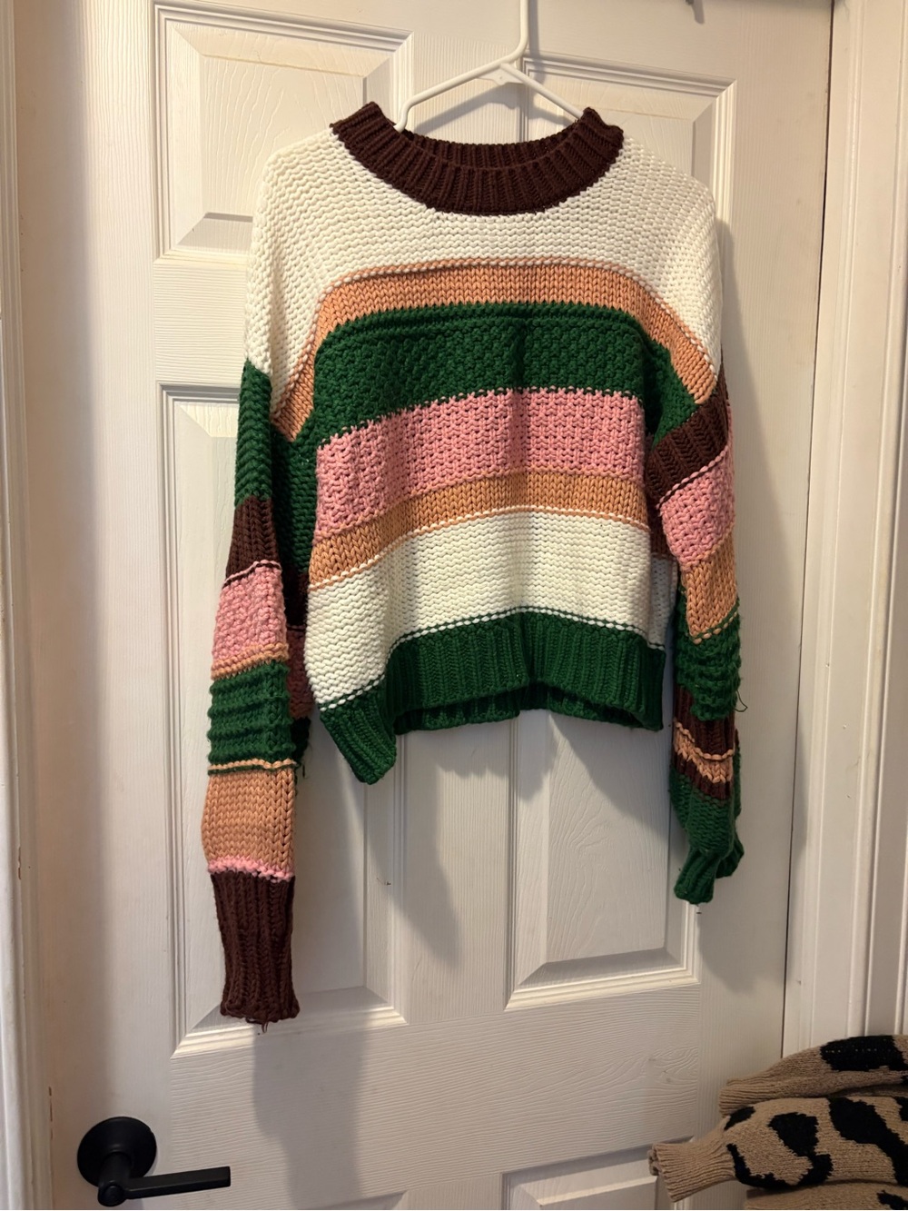 Striped Crewneck Sweater in Green, Pink, Cream, Brown